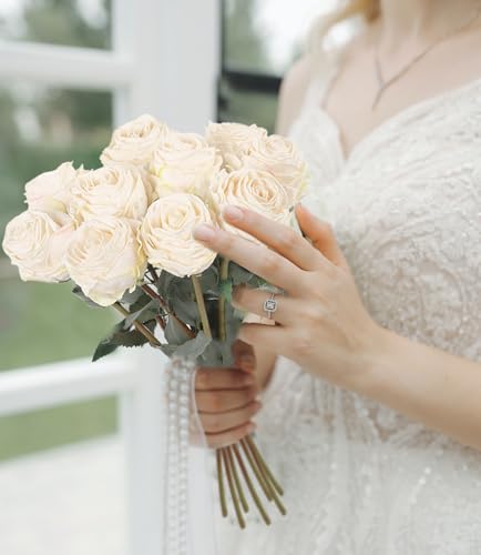 IPOPU 10PCS Vintage Roses Artificial Flowers White Fake Flower Bouquet Faux Roses with Stems for DIY Wedding Bouquet Bridal Shower Party Home Garden Decor(White) - color: White