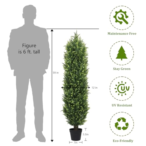 THE BLOOM TIMES 5FT Tall Artificial Cedar Topiary Trees Set of 2, UV Resistant Large Faux Cypress Evergreen Plants for Outdoor Planters, Realistic Fake Bushes & Shrubs for Front Porch Decor - color: Lush Cypress Trees, size: 5 Foot