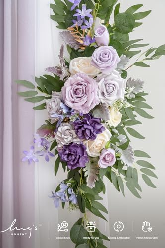 Ling's moment Wedding Arch Flowers with Sheer Drapes Kit - Artificial Purple and Gold Rose Floral Arrangements for Ceremony Backdrop, Arbor Decor, 5-Piece Set (2 Flower Stems + 3 Hanging Drapes) - color: Prpl-lilac & Cream