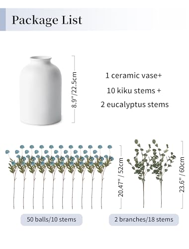 BLOSMON Blue Flowers Artificial for Decoration: Ceramic Vase with 12 Stems of Fake Mums Eucalyptuses Blue Centerpieces for Tables Decor - Faux Silk Pom Poms Floral Arrangement in vase for Living Room - color: Dusty Blue
