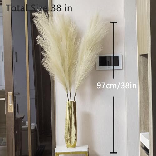 38" 10 Stems Faux Pampas Grass Decor - Tall Pampas Grass for Floor Vase, Boho Home Wedding Mothers Day Decoration (Beige) - color: A-beige