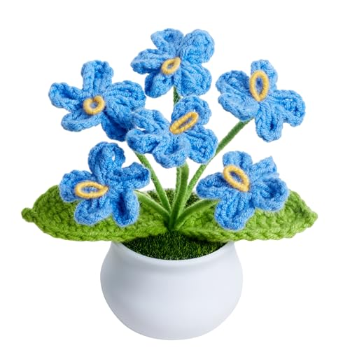 Knitting Crochet Flowers Cute Blue Handmade Forget Me Not Flower Plants Gift for Mom Women Teacher Birthday Anniversary Valentines Decor for Dashboard Home Office Desk Accessories - color: Blue