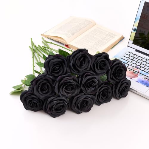 50pcs Black Roses Artificial Flowers Bulk Fake Roses Silk Flower with Stems Realistic Flowers for Wedding Centerpiece Party Birthday Decor - color: Black