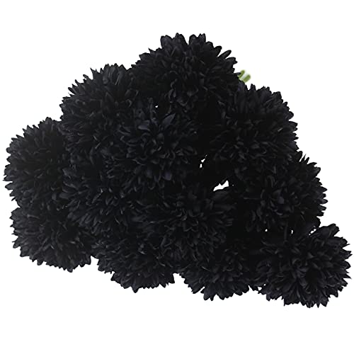 Tinsow 12 Pcs Faux Ball Chrysanthemum Bouquet Black Flowers for Home Halloween Party Fall Harvest Festival Decoration (Black, 12) - color: Black