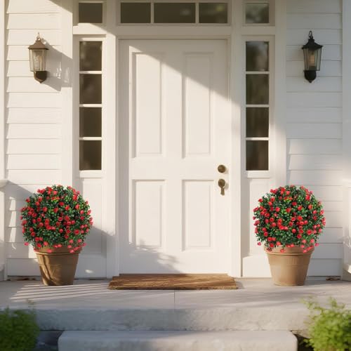 Yangrass Artificial Rose Topiary Ball Trees with Ground Spike, 2 Pack 16 Inches UV Resistant Artificial Shrubs, Fake Evergreen Artificial Plant Brush for Indoor Outdoor Front Porch Garden - color: Red Rose