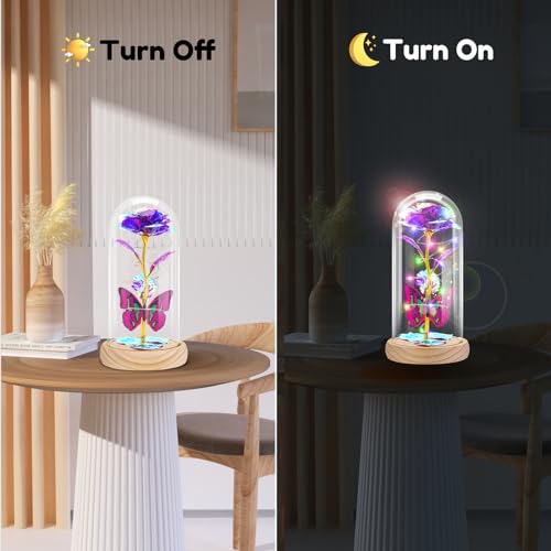 Otlonpe Preserved Artificial Rose Flower Lamp, Forever Women Gifts for Birthday Christmas Valentines Mothers Day, 7.7'' Glass Rose Wood Base Butterfly, Gifts for Mom Grandma Daughter Wife Girlfriend - color: Wood Purple