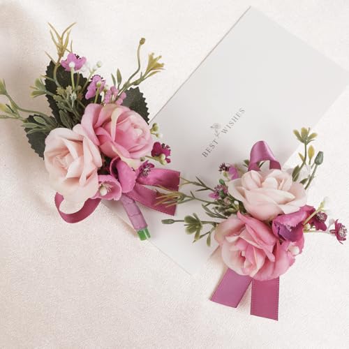 Alizeal 2Pcs of Wrist Corsage and Boutonniere Set, Artificial Flowers Accessories Suit Decor for Wedding Prom Party Homecoming Ceremony, Light Pink+Coral - color: 701-light Pink+coral