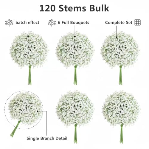 120 Pcs Babys Breath Artificial Flowers, White Babys Breath Flowers Artificial Bulk Real Touch Flowers for Wedding Party Home Garden Decoration