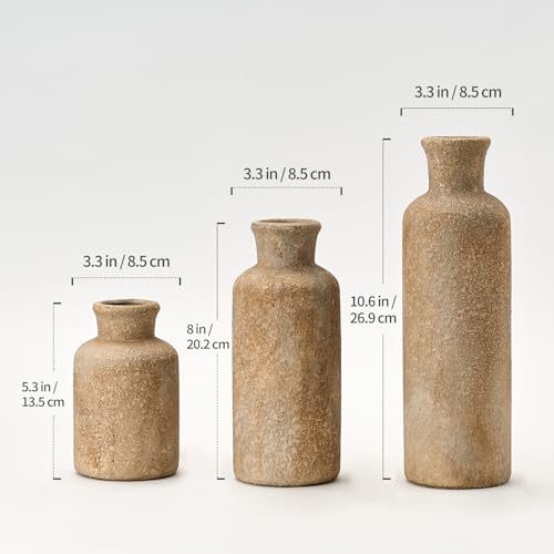 LUKA Ceramic Rustic Farmhouse Vase Set of 3,Terracotta Vases for Decor,Antique Vase for Your Bedroom,Office,Living Room,Fireplace,Bookshelf Decor,Housewarming (10+7.5+5 Inch) - color: Imitation Wood Color