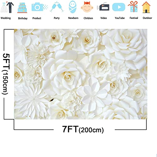 7x5ft White Roses Wall Photography Backdrop Wedding Bridal Shower Baby Shower Party Decoration White Roses Flowers Wall Art Photo Background Studio Photo Booth Props Vinyl