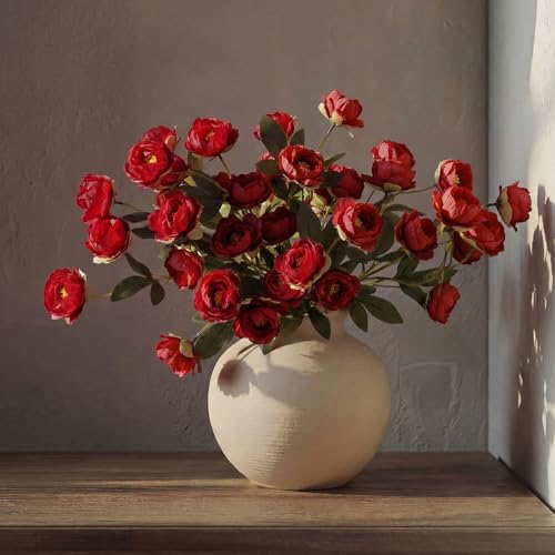 6 Pcs 32" Large Red Artificial Peonies Stems Flowers, Real Look Faux Silk Peony Bouquet 42 Heads Total for Vase Filler, Farmhouse Rustic Neutral Home Decor, Wedding Centerpieces - color: Red