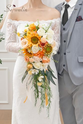 Serwalin 11 Inch Wedding Bouquets for Bride Bridesmaid, White Bridal Bouquets for Bride, Wedding Flowers Bouquet Tossing Bouquet, Wedding Ceremony and Anniversary Day Decor - color: Vivacious Sunflower