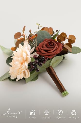 Ling's moment Artificial Bridesmaid Bouquets Set of 6,Terracotta Wedding Flower Bouquets Burnt Orange Floral Bouquet Rust Bridal Bouquets with Ribbon,Ceremony,Anniversary,7-inch Diameter - color: Or-burnt Orange