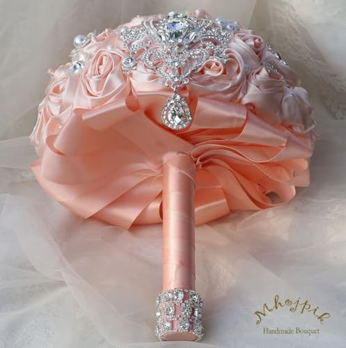 Bridal Wedding Bouquet Round Bling Brooch Bouquet Artificial Rose Flower Bunch for Bride Bridesmaid Wedding Quinceanera(Light Salmon Pink, 9.8") - color: Light Salmon Pink, size: Large (Dia. 9.8"/25cm)