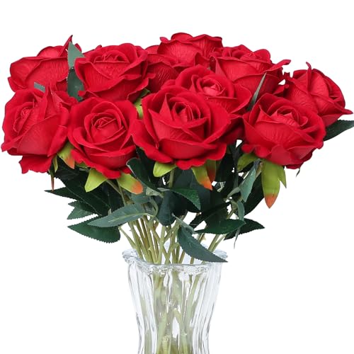 SITUMEIZI 15PCS Red Artificial Roses Silk Flowers Fake Roses Realistic Bouquet Long Stem with Gift Box for Mother's Gift Day Home Party Wedding Decorations - color: Red