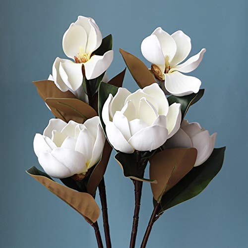 LIUCOGXI Vintage Artificial Magnolia Flower White 6 Heads,Long Stem Magnolia Bouquet with Green Leaves Arrangement for Home Office Living Room Bedroom Floor Vase Decoration - color: White