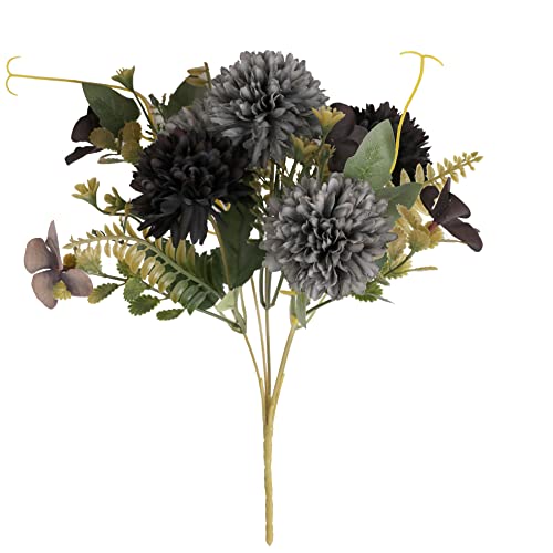 Jim's Cabin Artificial Chrysanthemum Ball Flowers - 3pcs Realistic Silk Flower with Stems&Leaves for Wedding, Party, House Decoration, Table Centerpieces Flowers (Black, Gray) - color: Black, Gray