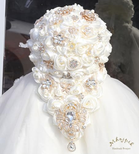 Luxury Cascade Bridal Wedding Bouquet Satin Rose Waterfall Holding Bouquet Artificial Flower Bunch for Bride Bridesmaid(Ivory, 17.3" x 8.7") - color: Ivory, size: 17.3"L x 8.7"W(44cm x 22cm)