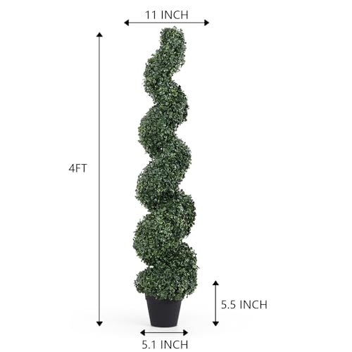 4ft Spiral Topiary Trees Artificial Outdoor Set of 2 – UV Resistant Faux Boxwood Plants for Outdoor Planters, Fake Bushes & Shrubs for Front Porch Outside Decor (4 Foot/48 Inch) - color: Dark Green, size: 4ft