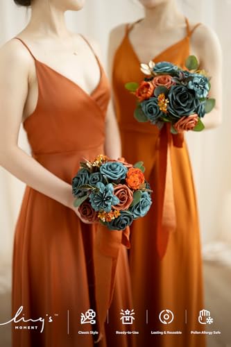 Ling's moment Fake Flowers Box, Faux Artificial Greenery Stems Foam Roses Silk Peony Waxflower Fabic Flower for Centerpieces Bouquet Wedding Vase Floral Decorations, Teal & Orange, Mini Combo - color: Teal & Orange