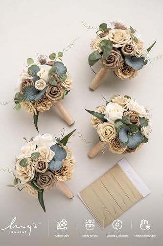 Ling's moment Artificial Bridesmaid Bouquets Set of 4,Oatmeal Beige Wedding Flower Bouquets Floral Bouquet Bridal Bouquets with Ribbon Ceremony Anniversary,7-inch Diameter - color: Br-beige