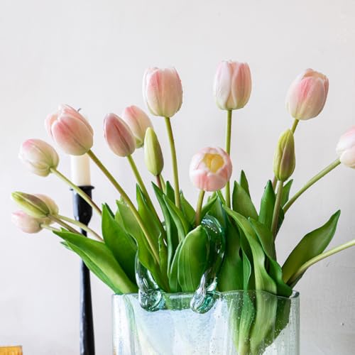 Artificial Tulips Flowers,Soft Touch Latex Bouquet, Fake Tulips,Spring Wedding Home Room Table Centerpiece Decor - color: 15pcs Powder Pink(no Vase)