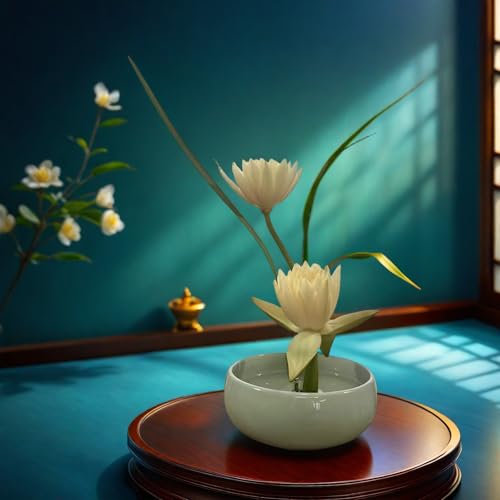 Water Lotus Bowl Planter Kit - Japanese Compote Bowl Ikebana Vase Set w/ 1.8" Floral Frog- Ideal for Ikebana, Flower Arrangement & Hydroponic Planting (Ice Crackle Celadon) - color: Crackle Celadon
