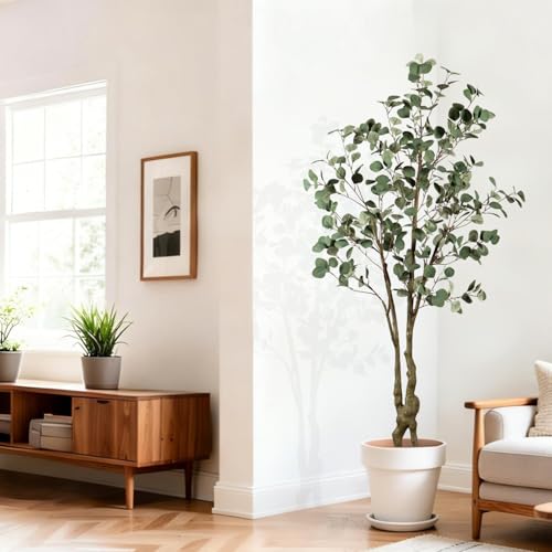 Faux Eucalyptus Tree 6ft(72in) Tall Artificial Plant Indoor Decor Handmade Natural Fake Eucalyptus Tree for Wedding Realistic Lifelike Leaves in Pot for Home Living Room,Office,Outdoor Decor. - color: Eucalyptus Tree(1), size: 7ft