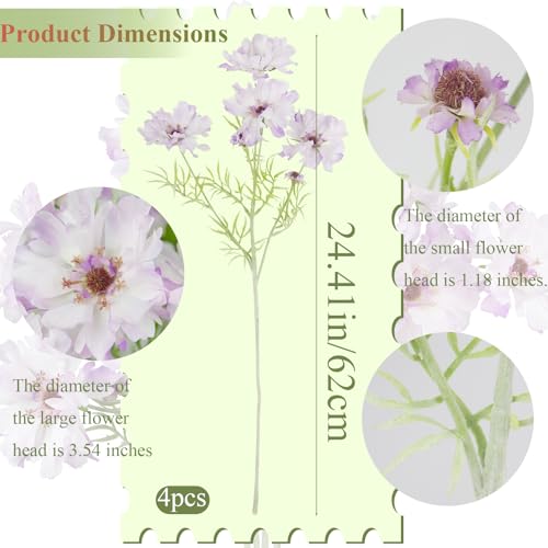 CISDUEO 4 Pcs Artificial Wildflowers Bulk Spring Decor Purple Silk Wild Flowers Fake Cosmos with Long Stems 24" Faux Flowers Arrangements for Wedding Bouquet Table Centerpiece Planter Outdoor Cemetery - color: Light-purple