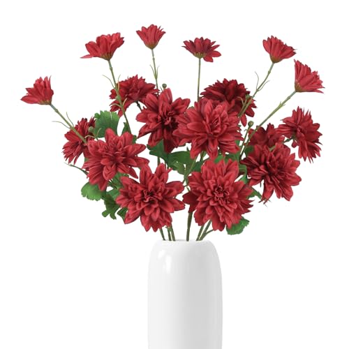 6PCS Red Artificial Dahlia Flowers 27.5’’Silk Faux Dahlias Fake Flowers with Stems for Home Wedding Dining Table Party Garden Decoration(Red) - color: Red
