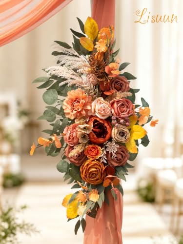Lisuun Artificial Wedding Arch Flowers with Chiffon Runner, Pack of 3 | Includes 2 Flower Swags, 1 20ft Chiffon Runner and Zip Ties for Wedding Arches, Arbors and Backdrops - color: Autumn Orange
