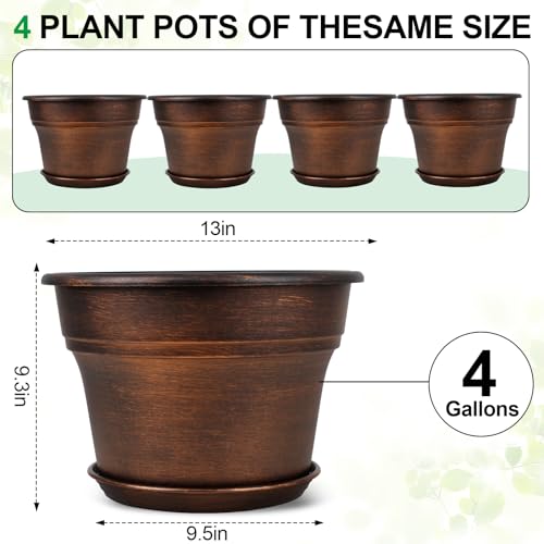 Plant Planters Pots Set of 4 Pack 13 Inch，Large Plastic Flower Pot For Indoor Plants With Drainage Holes & Trays, Resin Decorative Container Sets With Saucer For House Outdoor Garden Plant Copper - color: Copper, size: 13 inch-4 pack
