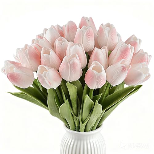 Artificial Tulips Bridal Wedding Festival Decor Bouquet Real Touch PU Flower Bouquet Pack of 20 (Light Pink) - color: Light Pink