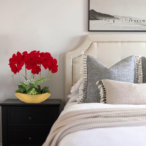 Briful Orchid Artificial Flowers 18in Red Fake Orchid Silk Flowers with Gold Ceramic Vase Faux Phalaenopsis Arrangement for Home Office Room Dining Table Centerpiece Modern Decor - color: Red