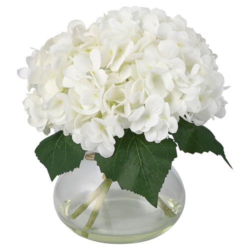 Artificial Hydrangea Flowers with Glass Vase & Fake Water - Faux Hydrangea for Home Table, Wedding Party, Office Decor | Realistic Fake Hydrangeas, Silk Flowers for Vase Arrangement(Hydrangea, white) - color: Hydrangea, White