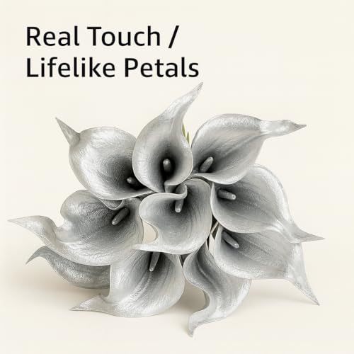 Floral Kingdom 20 Pack Artificial Calla Lily Flowers 14 Inch Silver Real Touch Faux Calla Lilies for Home Decor, Table Centerpieces, Living Room & Weddings - color: 925 Silver