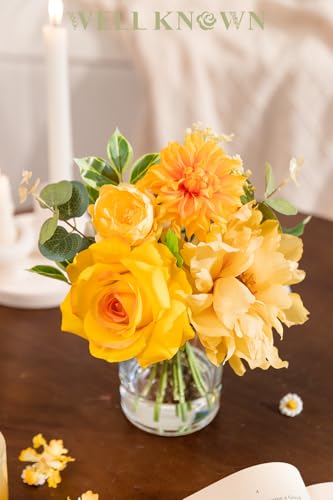 WELL KNOWN Artificial Flowers in Glass Vase with Fake Water, Silk Peony Rose Flower Bouquet for Home Dining Table, Office, Hotel, Wedding, Birthday Party, Lavatory Decor & Mom's Gift (Yellow & Orange) - color: Yellow & Orange