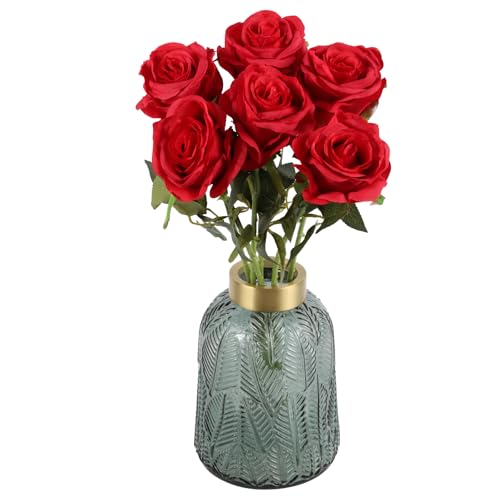 IPOPU 6PCS Deep Red Silk Lop-Sided Rose Artificial Flower with Long Stem Fake Leaf Roses, Artificial Long Stem Fake Roses Suitable for DIY Wedding, Home Decoration and Outdoor Party. - color: Deep Red
