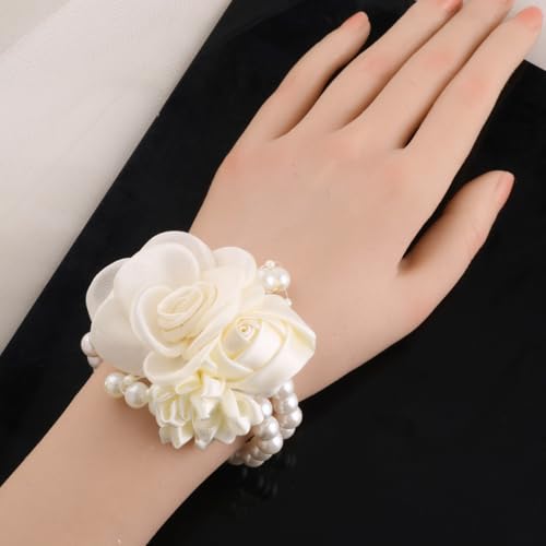 Wedding Prom Party Satin Rose Wrist Corsage Flower, 2Pcs Boutonniere and Wrist Corsage Wristband Roses Prom Flower Wedding Flowers Accessories Prom Suit Decorations (White) - color: White