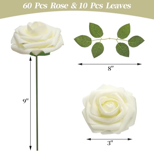 DerBlue 60pcs Artificial Roses Flowers Real Looking Fake Roses Artificial Foam Roses Decoration DIY for Wedding,Arrangements Party Home Decorations - color: Cream White