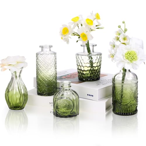 5pcs Green Glass Bud Vase Set, Small Flower Vases for Centerpieces in Bulk, Mini Vintage Vase for Home, Wedding, Table Decor - color: Green, size: 5pcs