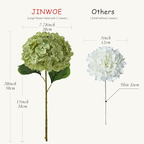 JINWOE Green Flowers Artificial Hydrangeas, 5Pcs 20Inch Large Lifelike Faux Silk Flowers, Full Artificial Hydrangeas for Bouquet Table Centerpieces Indoor Spring Outdoor Home（Rosemary Green） - color: Rosemary Green