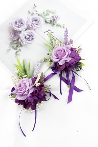 2 Pcs Wrist Corsage and Boutonniere Set, Deep Purple Corsage for Wedding, Boutonniere for Men Artificial Rose Flower Wristlet Bracelet Prom Ceremony Anniversary Accessories Decor Suit - color: Deep Purple