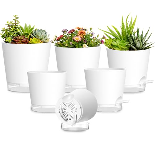 Plant Pots 4/5/5.5/6/6.5/7 Inch Self Watering Pots, 6 Pack Plastic Planters with Drainage Holes and Clear Saucers,Plastic Flower Pots,Nursery Planting Pot for Indoor Out Door Plants(White) - color: White, size: 4/5/5.5/6/6.5/7 inch