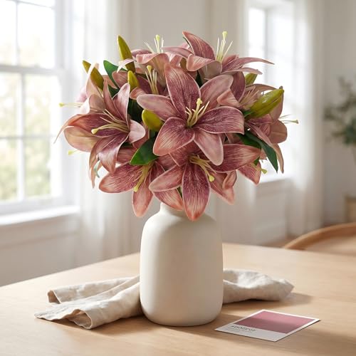 ATFL Artificial Lilies Flowers,9 Pcs Faux Lily Flowers,16''Tiger Lily Branches with 2 Full Blooms and 1 Bud,Faux Fake Lilies Plants for Wedding Bouquet Floral Arrangements (9, Brown) - color: Brown