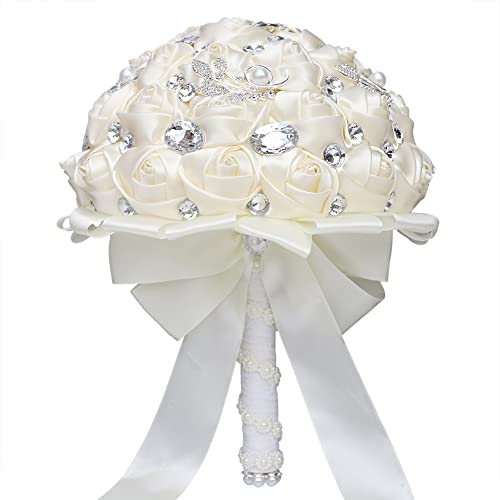 Sharebeauty 5.9 Inch Handmade Satin Rose Bridal Bouquet Toss Round Wedding Bouquet Throw Toss Artificial Flower Bunch Ivory - color: W288j Ivory, size: 5.9"/15cm