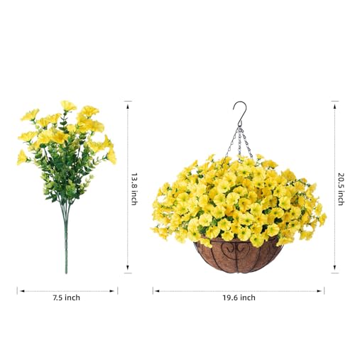 Artificial Fake Hanging Flowers Plants Baskets for Spring Outdoors Decor, Faux Silk Morning Glory in Planter UV Resistant Realistic Outside Flowers for Outdoor Porch Patio Balcony Yard Home, Yellow - color: B Yellow