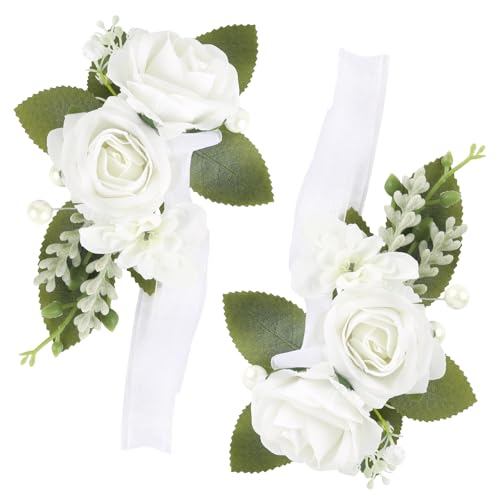 White Pearl Wedding Shoulder Corsage Artificial Flowers 2pcs Fake Rose Silk Wrist Flowers for Girl/Mother Homecoming/Prom Anniversary Corsages Wrist Decor (White Pearl) - color: White Pearl