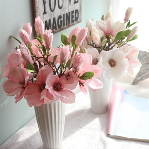 1Pc White Artificial Magnolia Fake Silk Flower Single Floral Home Decor Living Room Bedroom Garden Party Wedding Decoration in Pots Vase for Desk Table ，Artificial Flowers ，Home Décor