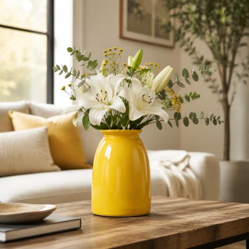 hjn Yellow Ceramic Vase Modern Minimalist Table Centerpiece, Round Smooth Flower Holder for Living Room, Shelf, Mantel, Wedding & Home Decor-8.3" H - color: Yellow-8.5inch